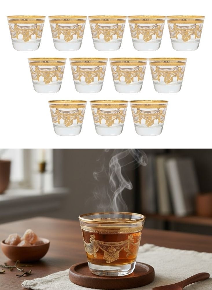 بريميم طقم أكواب شاي زجاجية بنقوش ذهبية مكوّن من اثني عشر كوباً مقاومة للحرارة - Image 1